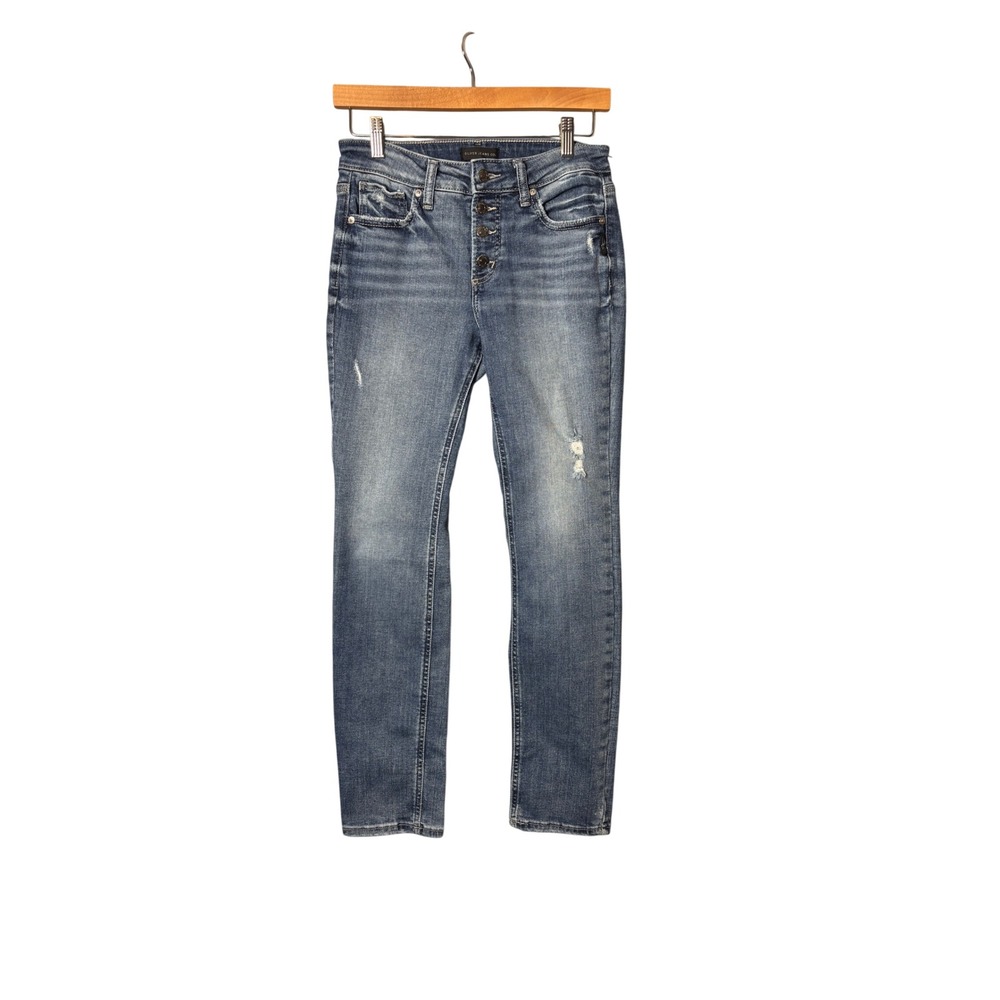 Silver Jeans Co Womens Suki Straight 27 Blue Button Fly Distressed Americana